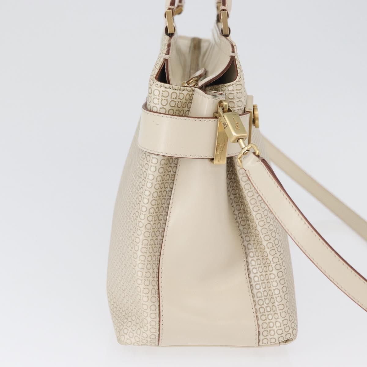 Salvatore Ferragamo Double Gancini Side Buckle Tote Leather Beige Leather Handbag (Pre-Owned)