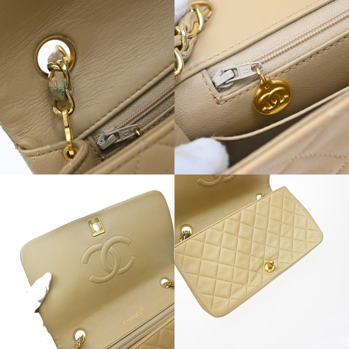 Chanel Vintage Full Flap Quilted Lambskin Beige Leather Shoulder Bag Bag (Pre-Owned)
