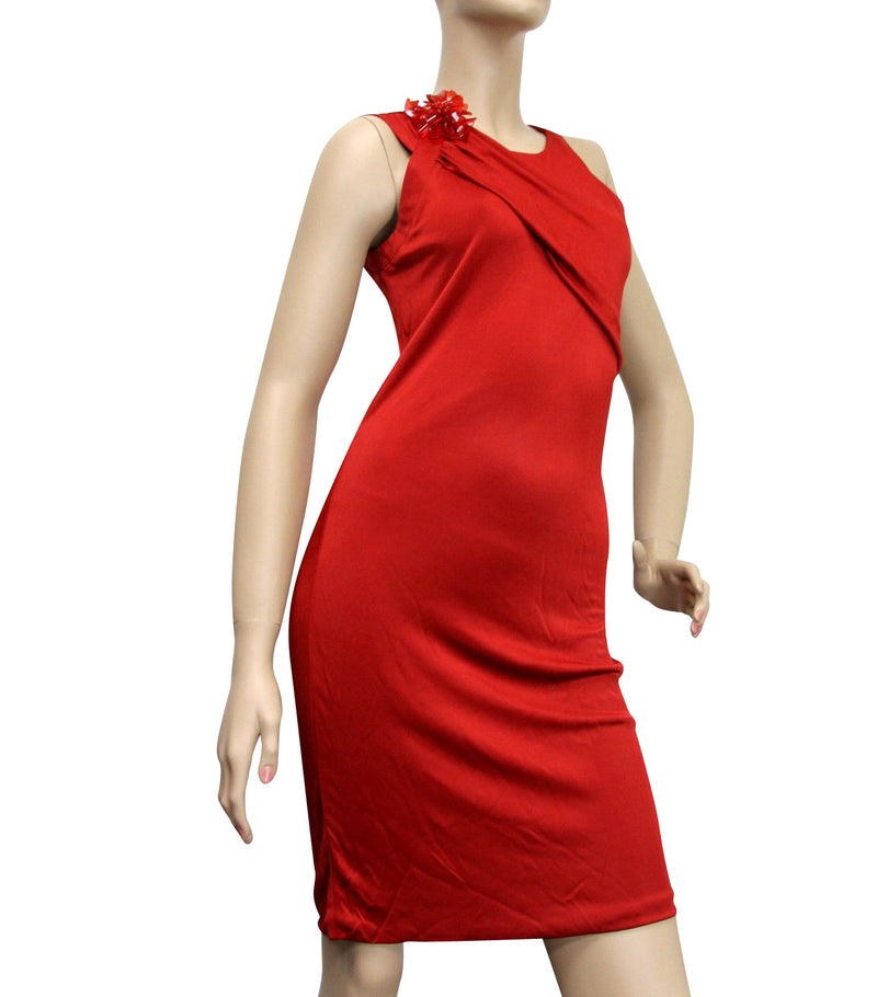Gucci Women's Red Rayon Dress With Flower Brooch