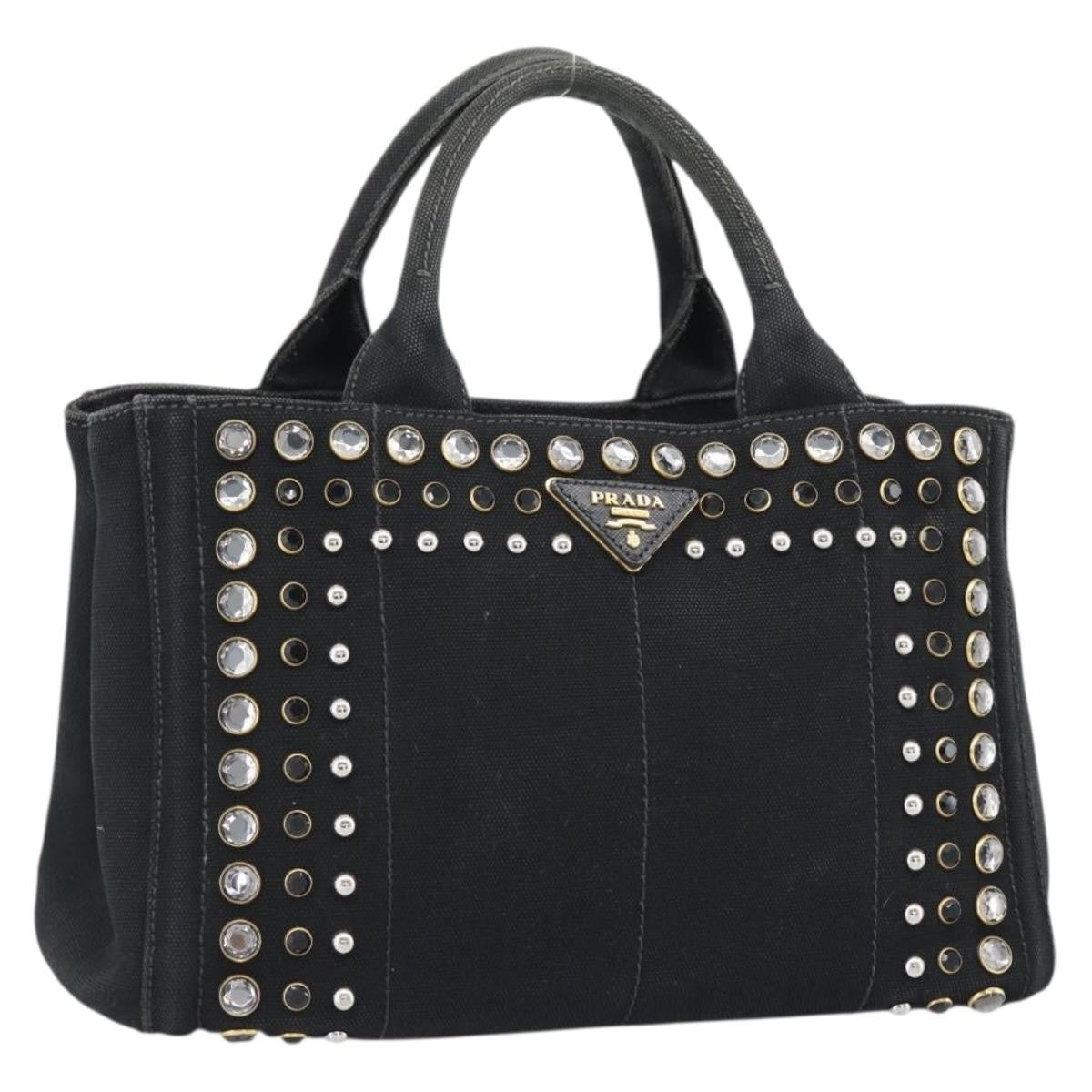 Prada Canapa Convertible Tote Rhinestone Embellished Canvas Black Canvas Handbag (Pre-Owned)