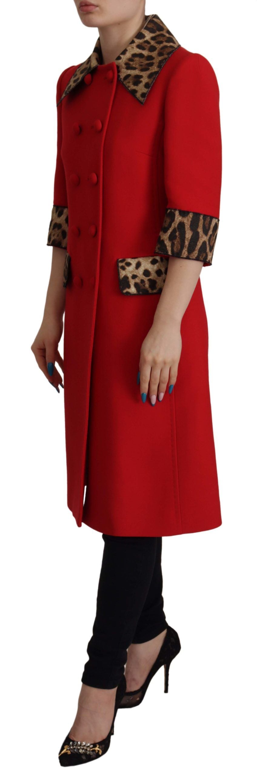 Dolce & Gabbana Red Leopard Wool Trenchcoat Women's Jacket