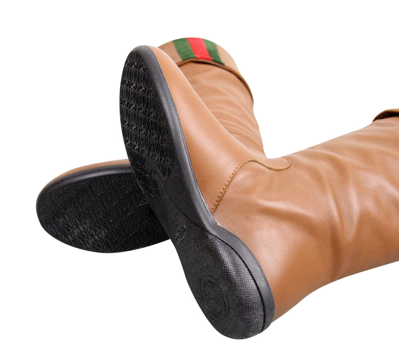 Gucci Kids Brown Leather Boots With Web Detail