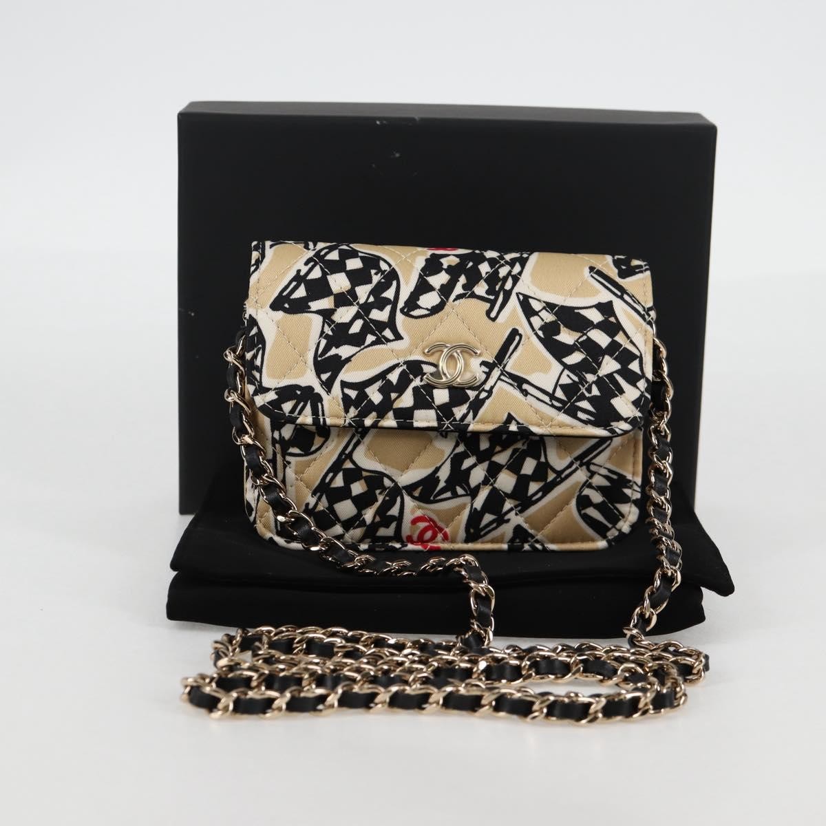Chanel Flap Card Holder On Chain Quilted Printed Canvas Beige Nylon Shoulder Bag Bag (Pre-Owned)