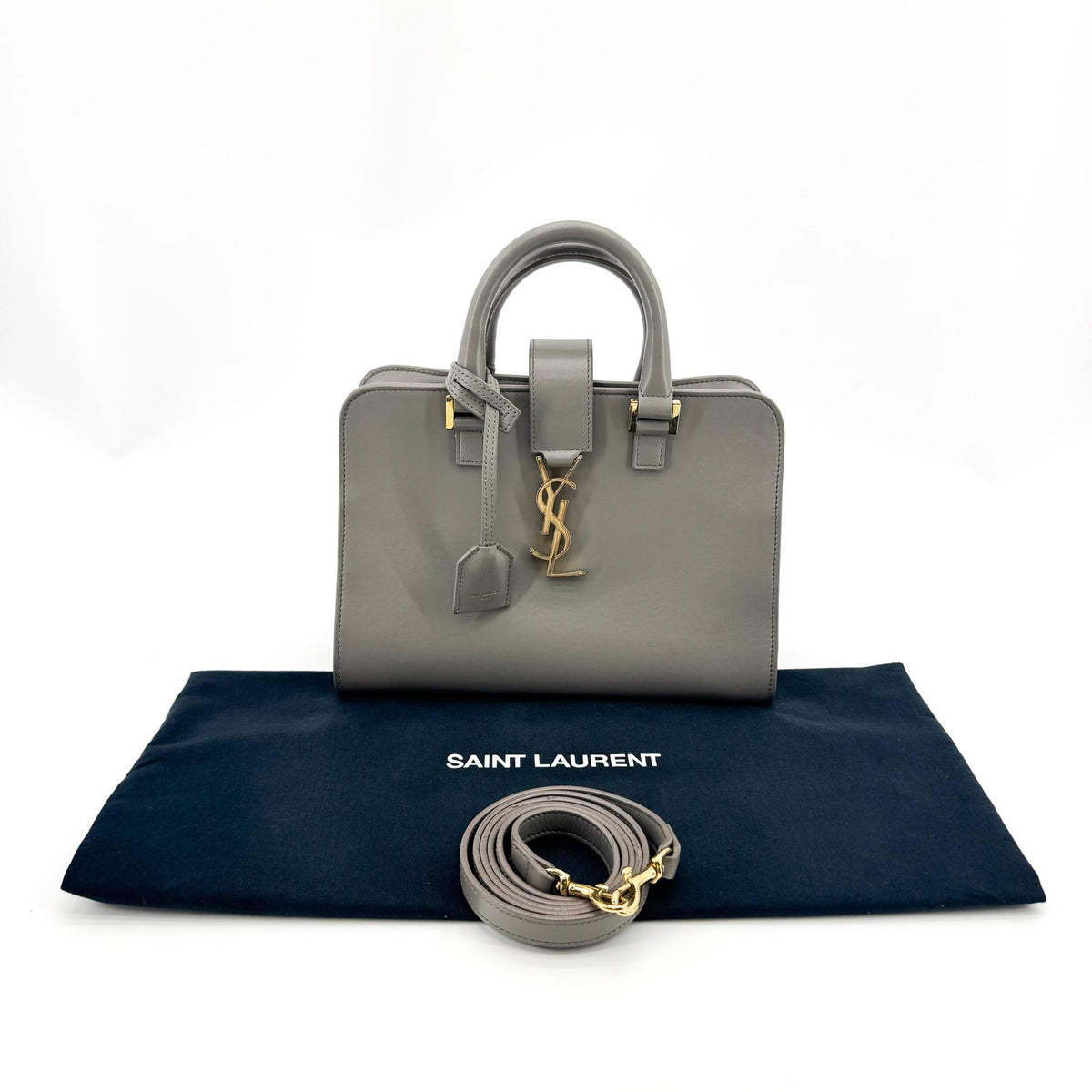 Saint Laurent Monogram Cabas Leather Gray Leather Tote Bag Bag (Pre-Owned)