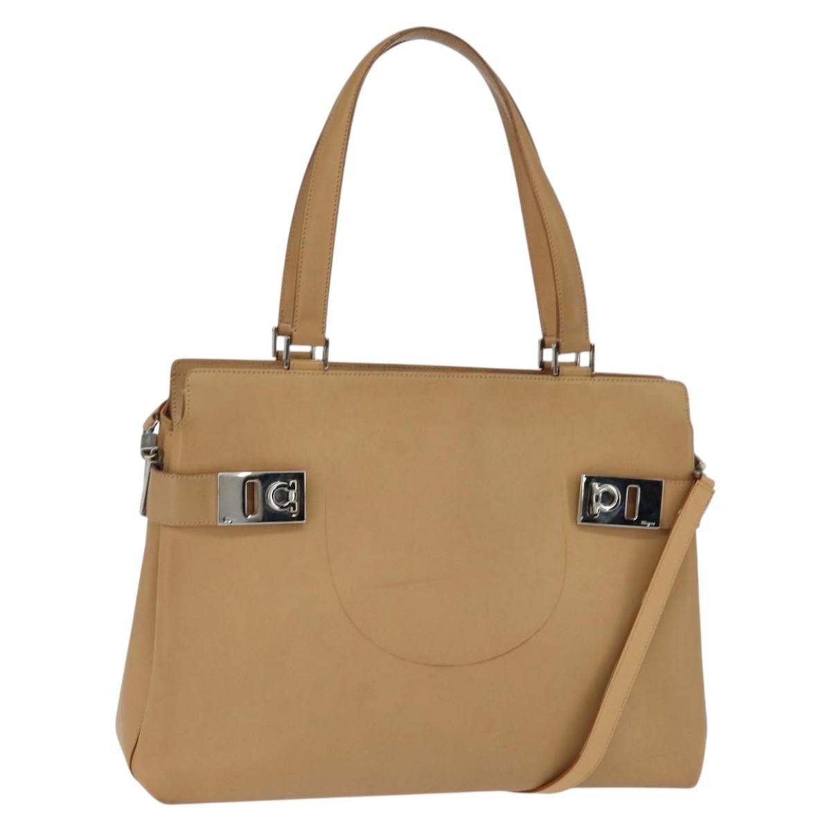 Salvatore Ferragamo Gancini Tote Leather Beige Leather Tote Bag Bag (Pre-Owned)