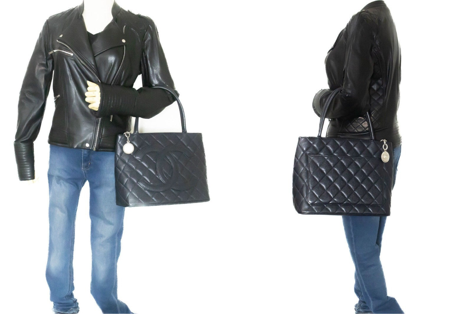 Chanel Medallion Tote Quilted Caviar Black Leather Tote Bag Bag (Pre-Owned)