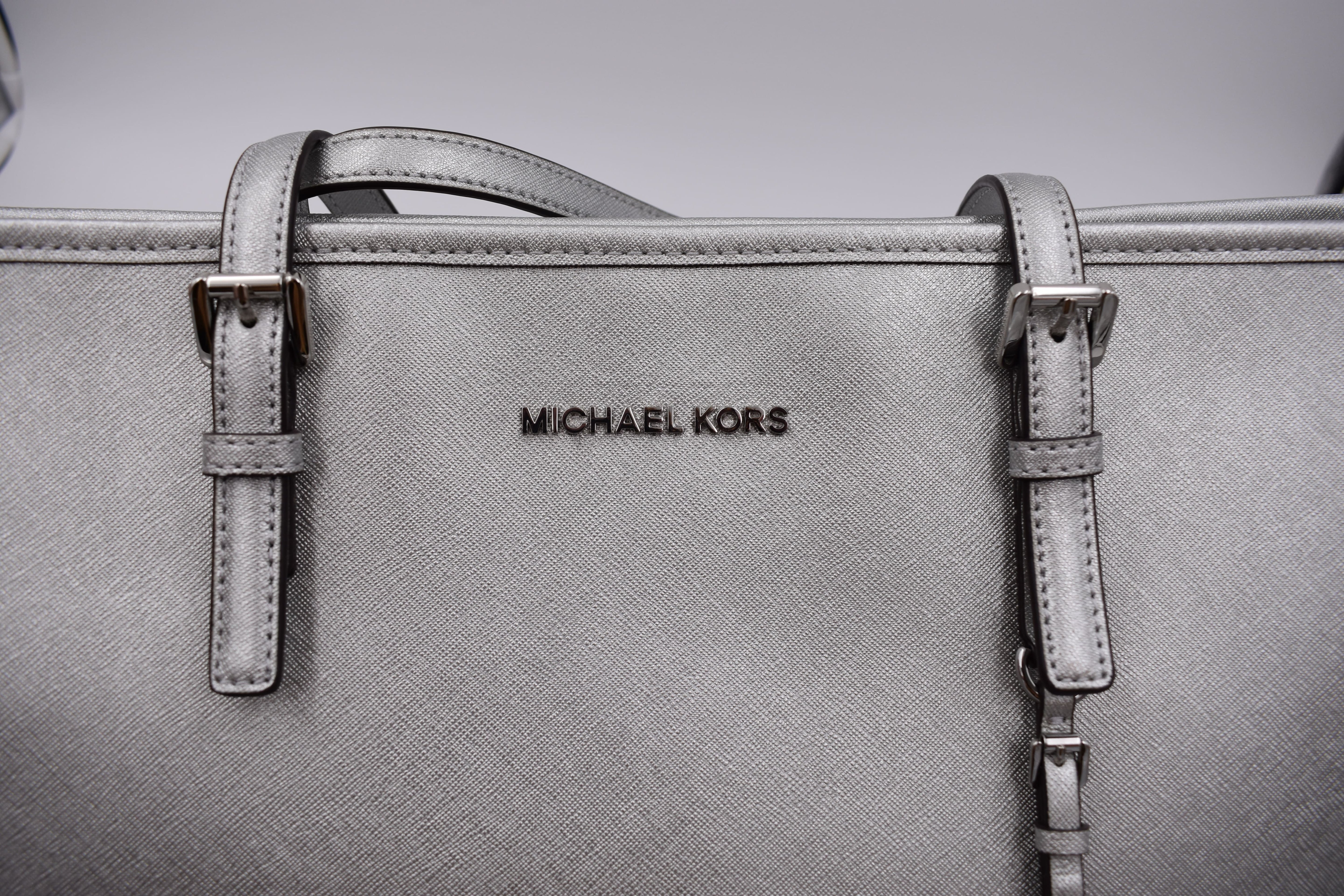 Michael Kors Jet Set Travel Silver Medium Top-Zip Tote Bag