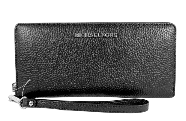 Michael Kors Jet Set Travel Pebble Leather Continental Long Wallet Wristlet[Black/SV]