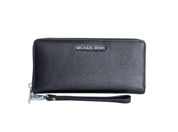 Michael Kors Jet Set Travel Pebble Leather Continental Long Wallet Wristlet[Black/SV]