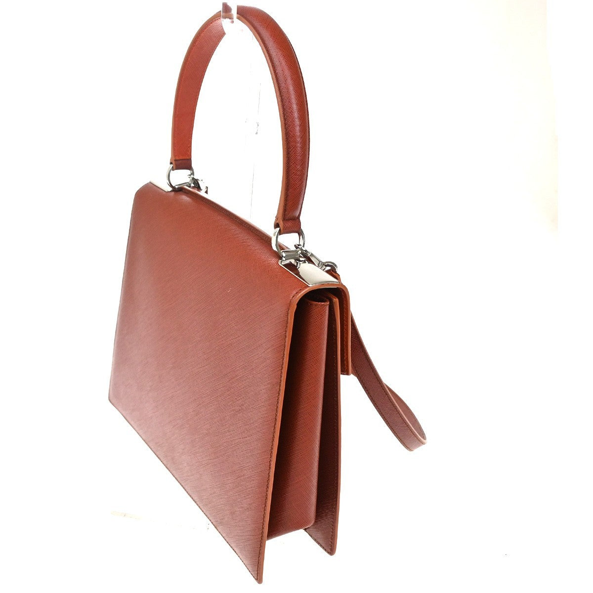 Salvatore Ferragamo Double Gancini Top Handle Saffiano Leather Brown Leather Handbag (Pre-Owned)