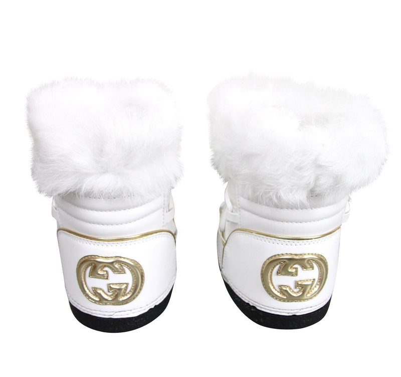 Gucci Unisex White Nylon Interlocking G Fur Trim Kids Boots