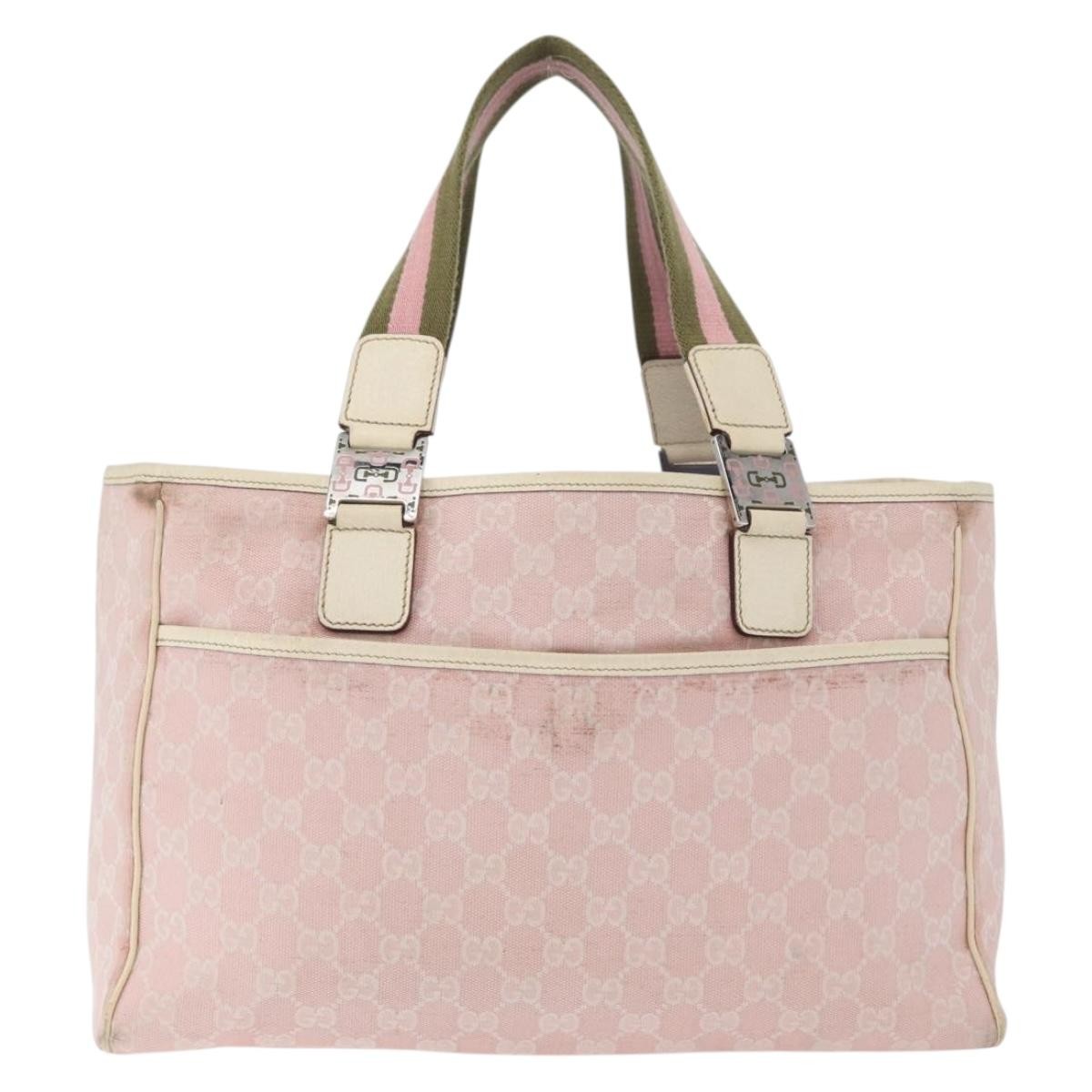 Gucci Web Handle Buckle Tote Gg Canvas And Leather Pink Canvas Tote Bag Bag (Pre-Owned)