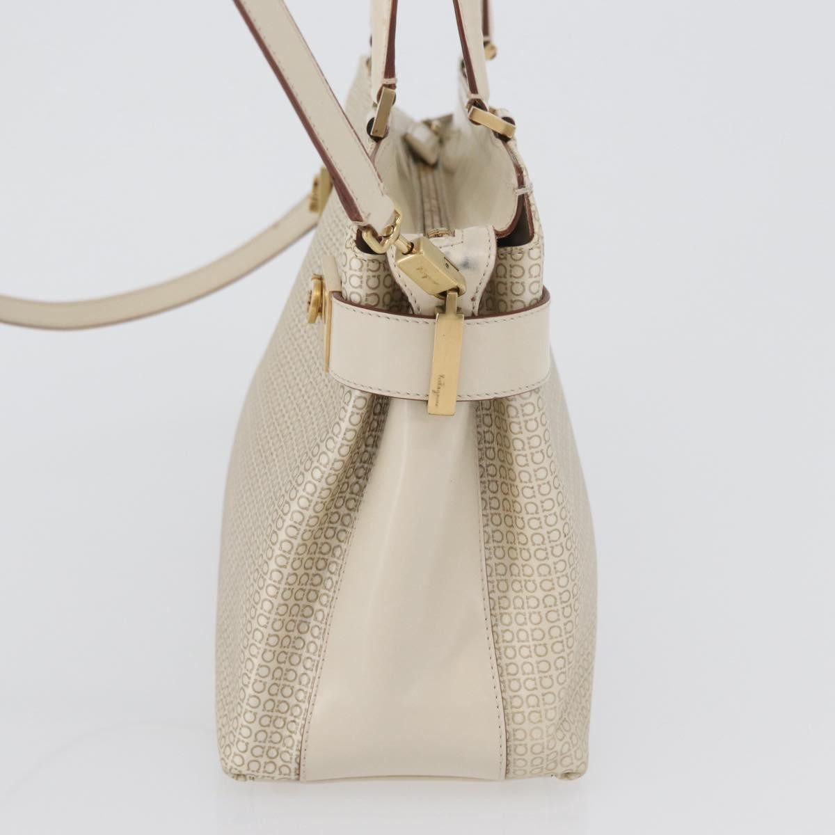 Salvatore Ferragamo Double Gancini Side Buckle Tote Leather Beige Leather Handbag (Pre-Owned)