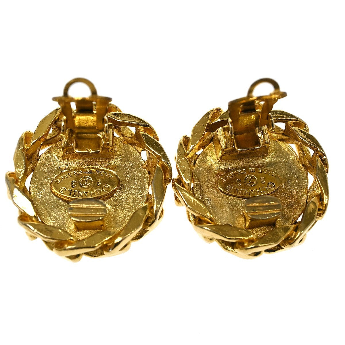 Chanel Vintage Cc Round Clip-On Metal With Crystals Gold Gold_Plated Earrings Jewelry (Pre-Owned)