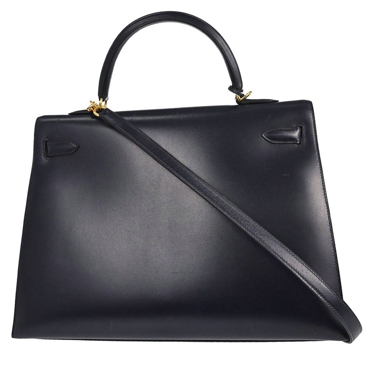 Hermes Kelly Blue Box Calf With Gold Hardware Blue Calfskin Handbag (Pre-Owned)