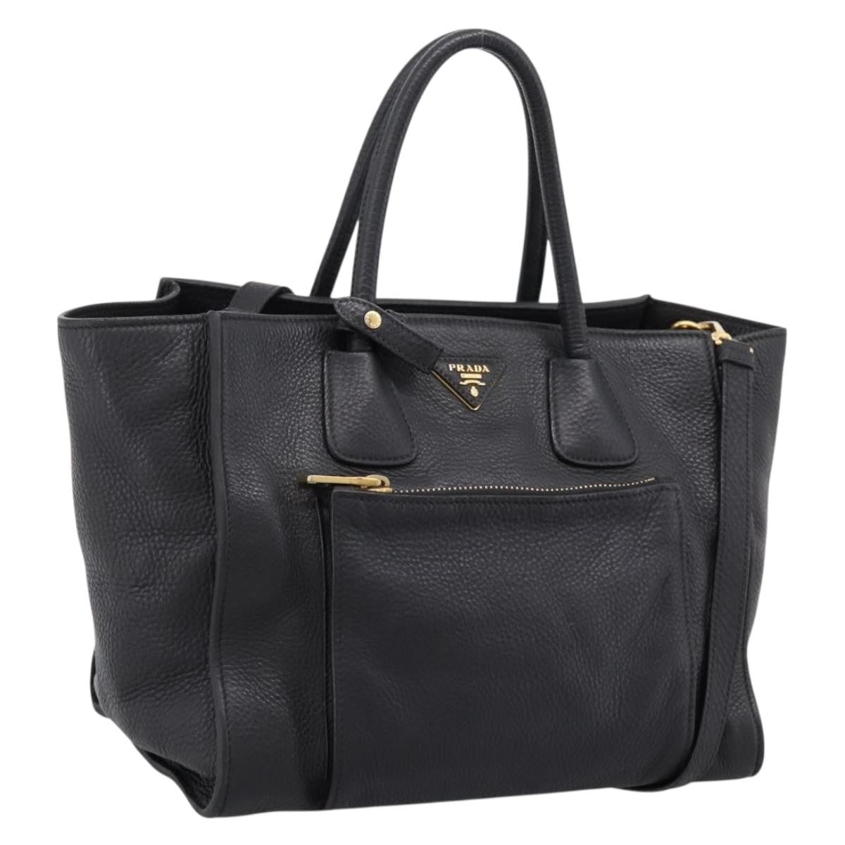 Prada Front Pocket Convertible Vitello Daino Black Leather Tote Bag Bag (Pre-Owned)