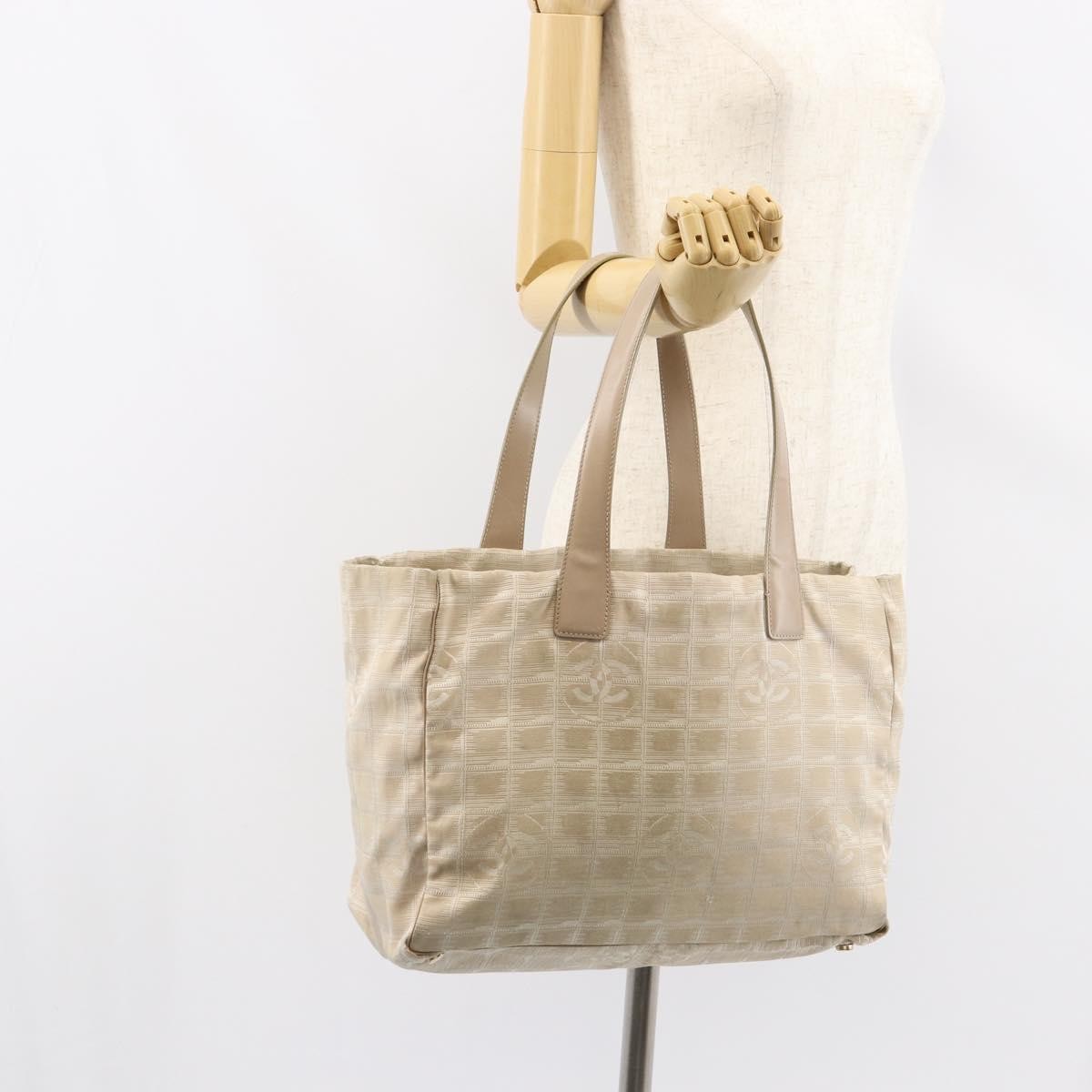 Chanel Travel Line Tote Nylon Beige Nylon Tote Bag Bag (Pre-Owned)