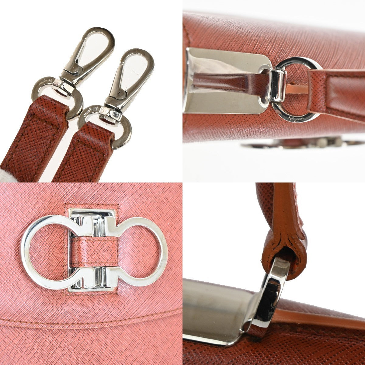 Salvatore Ferragamo Double Gancini Top Handle Saffiano Leather Brown Leather Handbag (Pre-Owned)