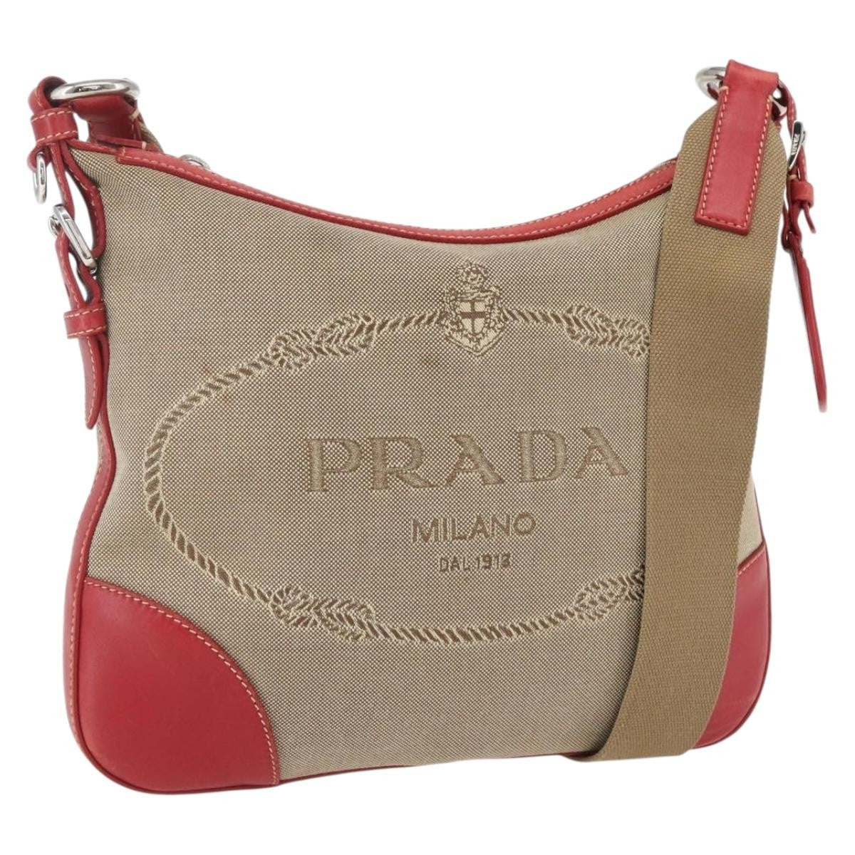 Prada Logo Zip Canvas Beige Canvas Shoulder Bag Bag (Pre-Owned)