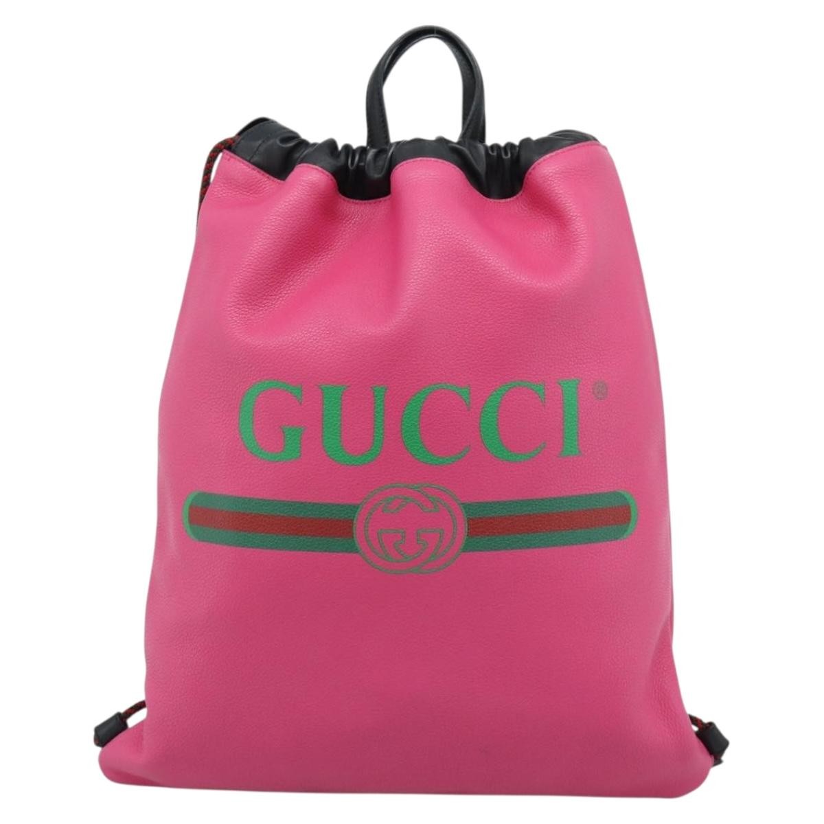 Gucci Logo Drawstring Printed Leather Pink Leather Backpack Bag (Pre-Owned)