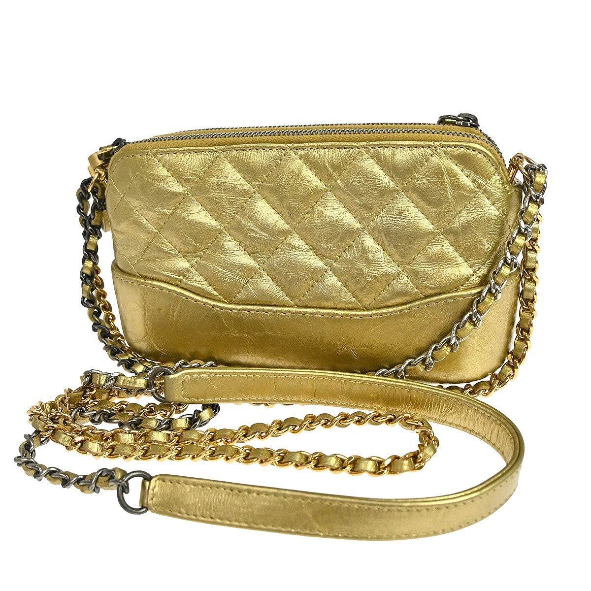 Chanel Gabrielle Double Zip Clutch With Chain Quilted Aged Calfskin Gold Leather Shoulder Bag Bag (Pre-Owned)
