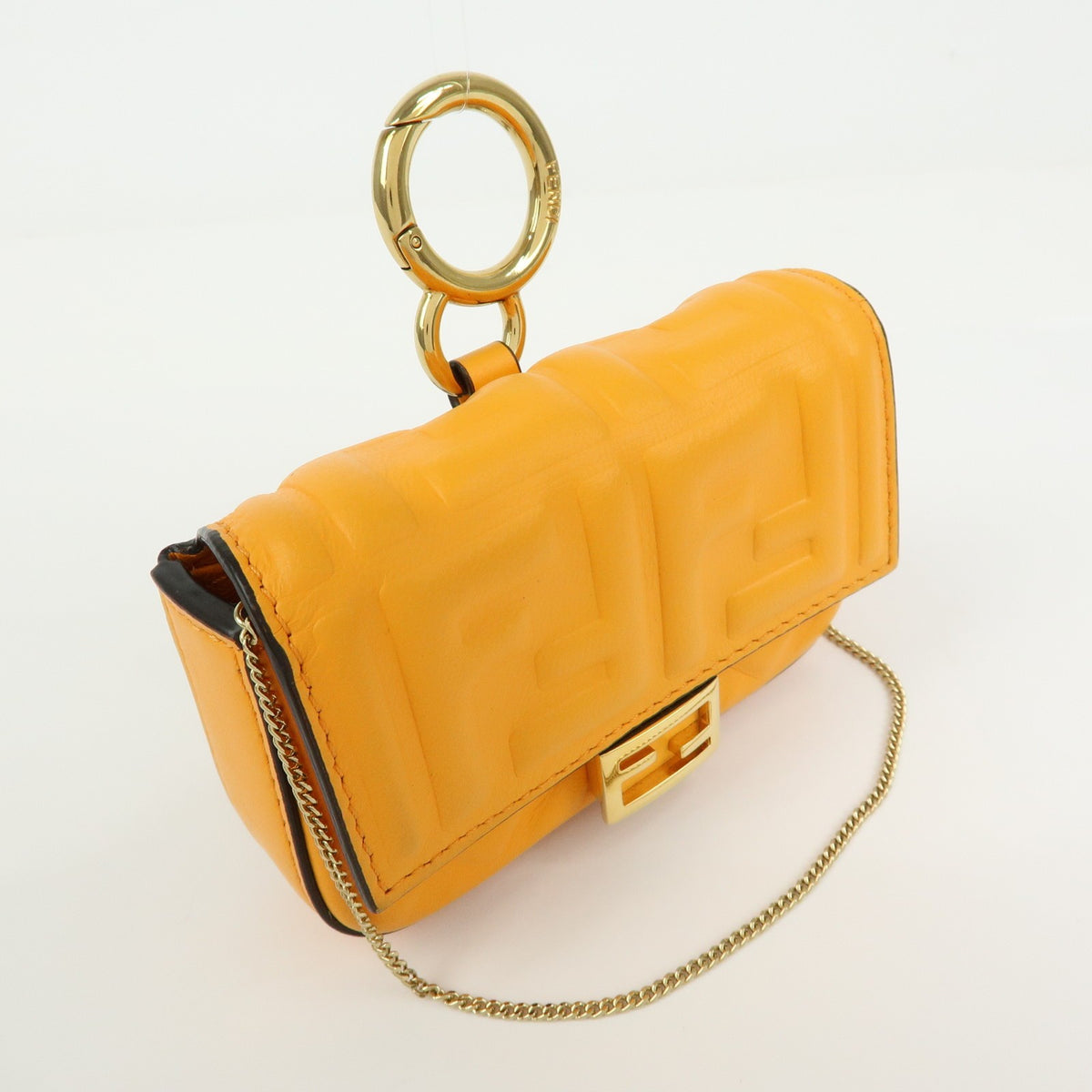 Fendi Chain Baguette Charm Zucca Embossed Leather Orange Leather Handbag (Pre-Owned)