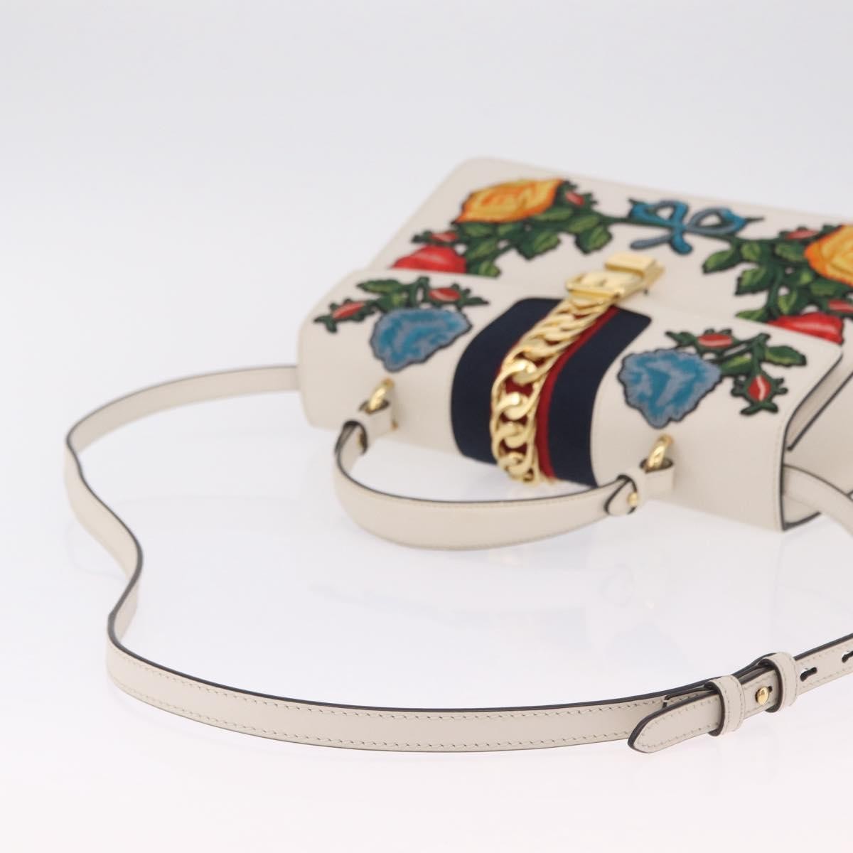 Gucci Sylvie Top Handle Embroidered Leather White Leather Handbag (Pre-Owned)