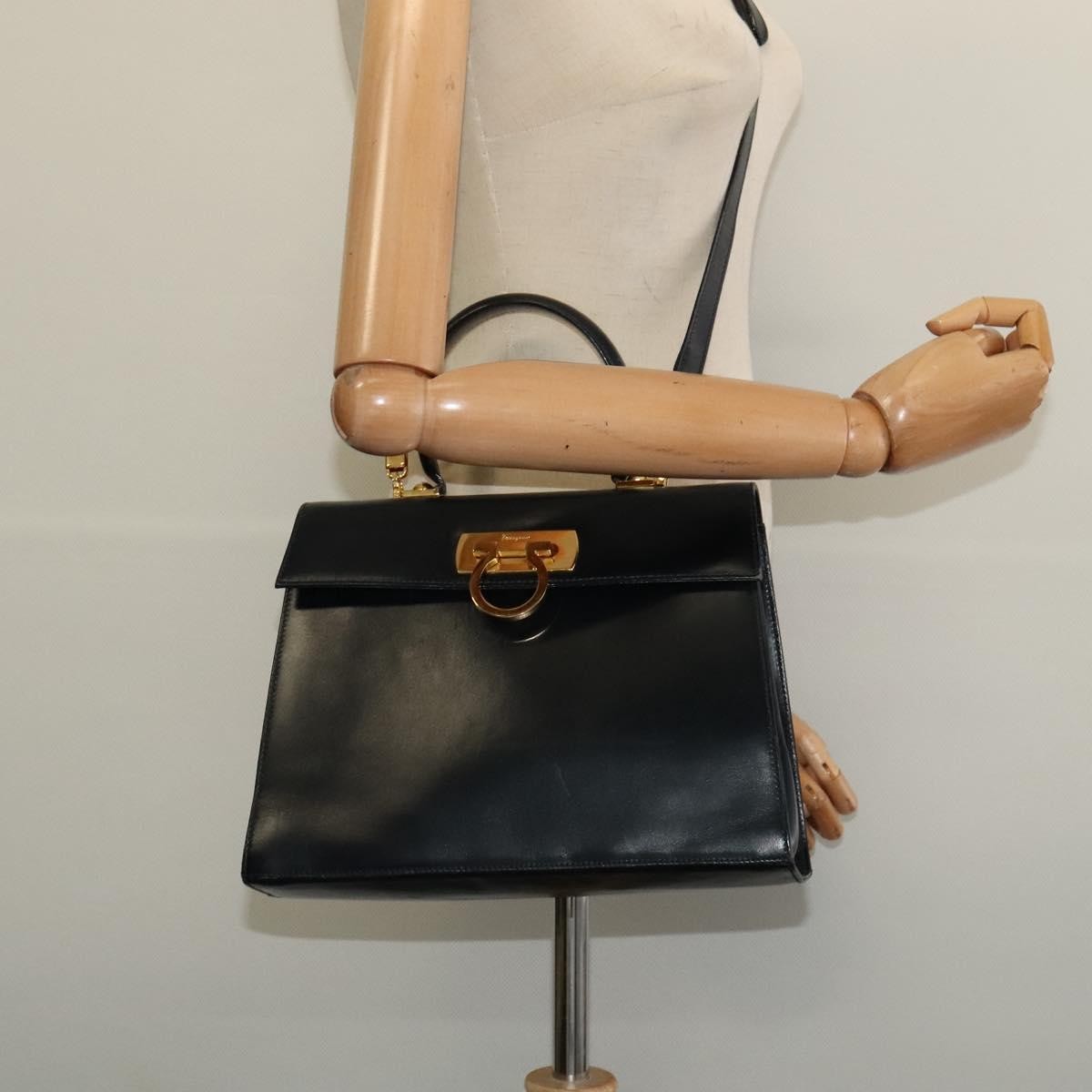 Salvatore Ferragamo Gancini Convertible Top Handle Leather Black Leather Handbag (Pre-Owned)