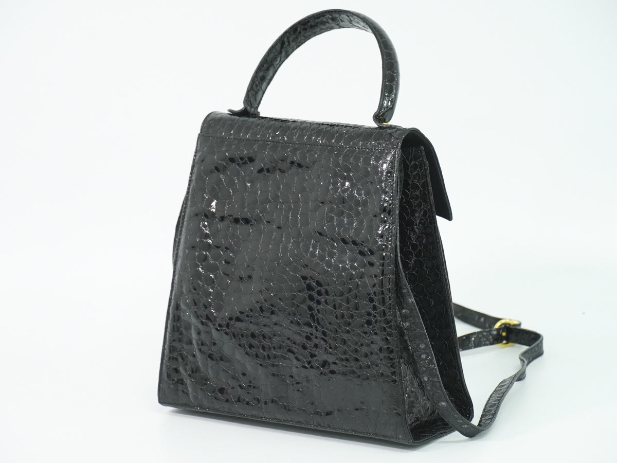 Salvatore Ferragamo Vintage Top Handle Leather Black Patent_Leather Handbag (Pre-Owned)