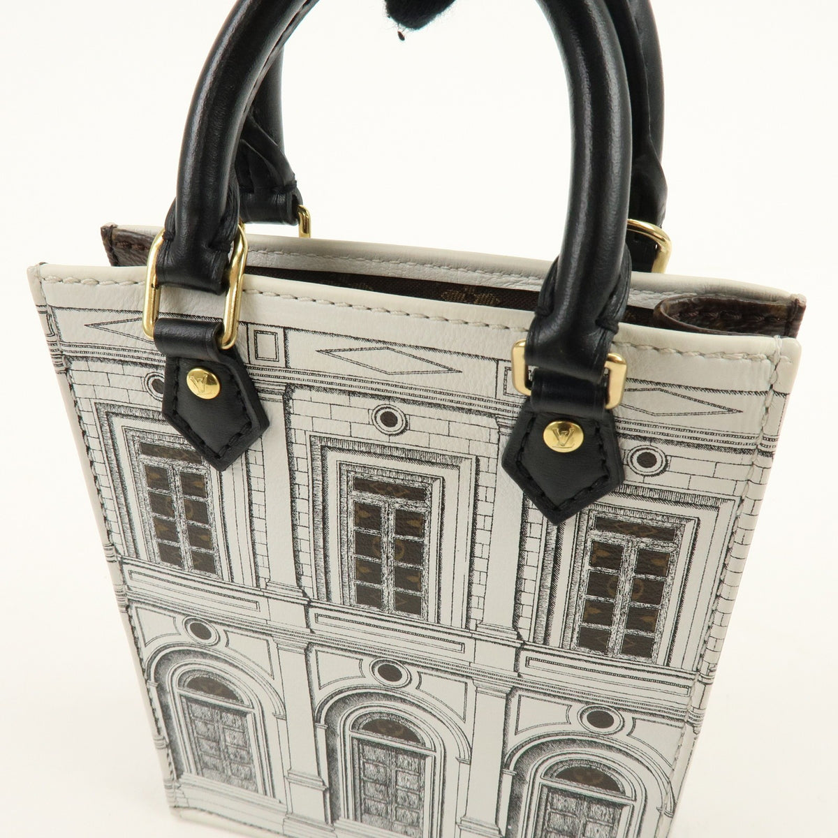 Louis Vuitton Petit Sac Plat Limited Edition Fornasetti Architettura Print Leather And Monogram Canvas White Canvas Handbag (Pre-Owned)