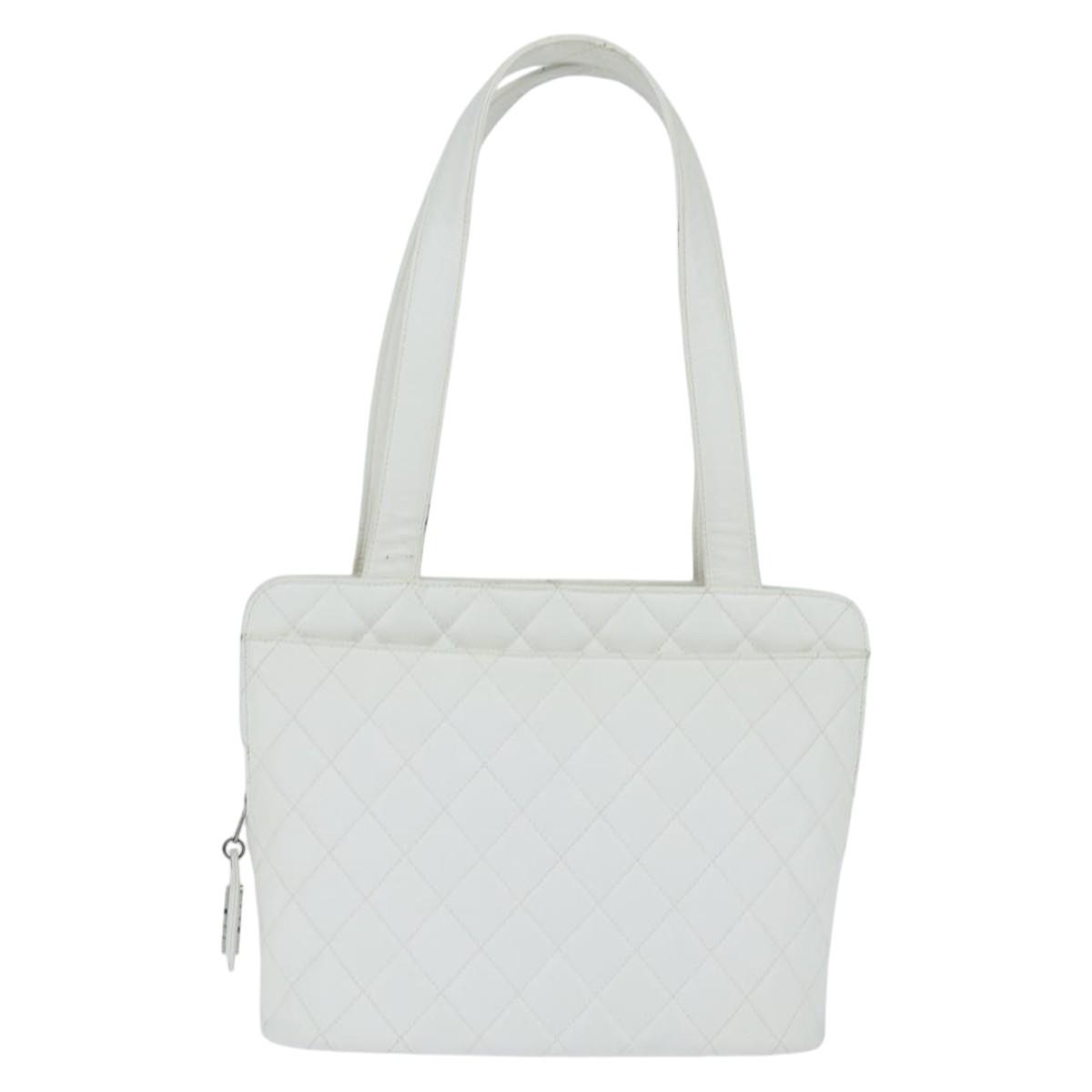 Chanel Vintage Cc Zip Around Bowler Quilted Caviar White Leather Tote Bag Bag (Pre-Owned)