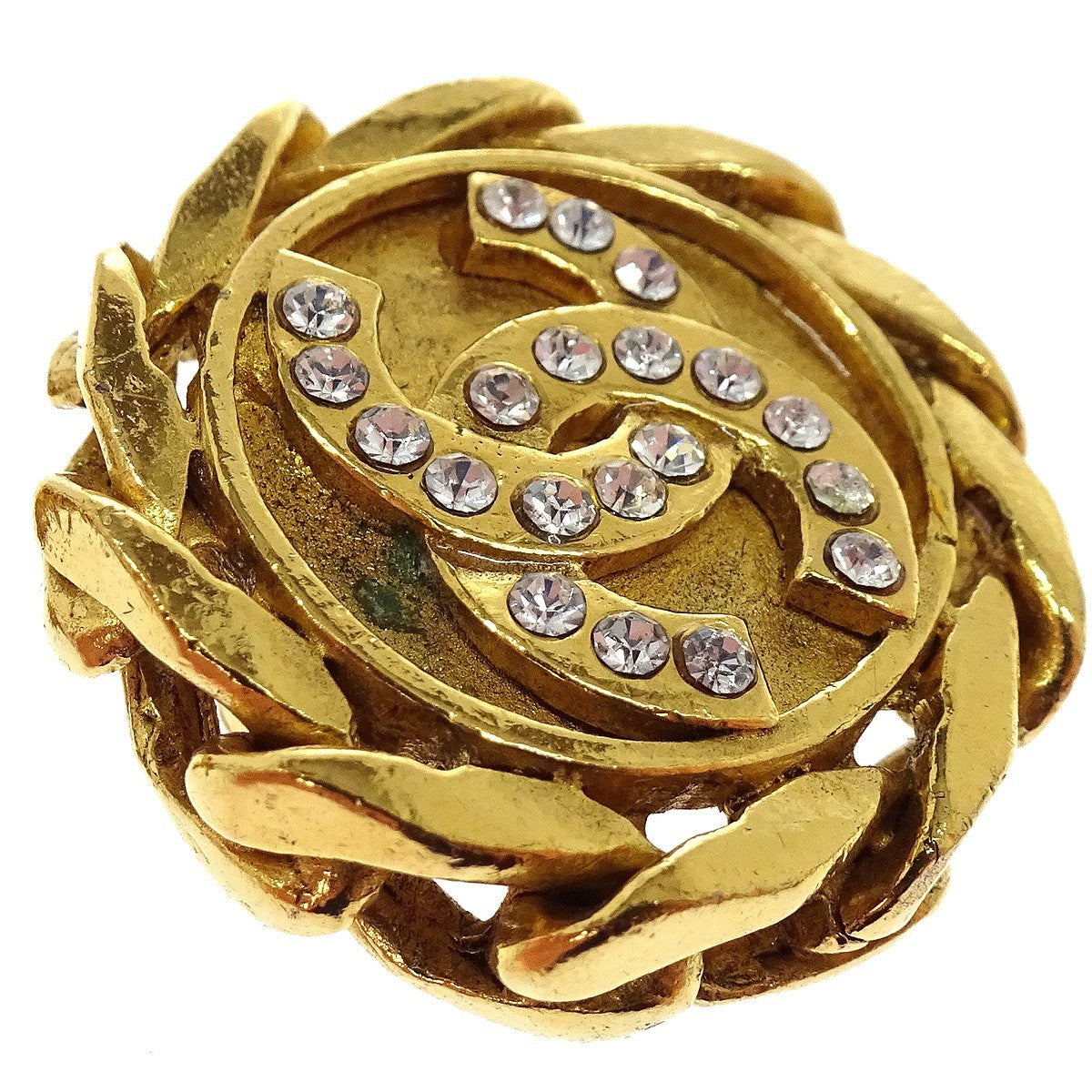 Chanel Vintage Cc Round Clip-On Metal With Crystals Gold Gold_Plated Earrings Jewelry (Pre-Owned)