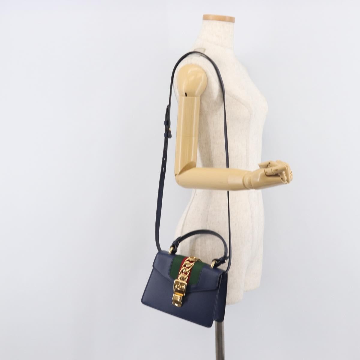Gucci Sylvie Top Handle Leather Navy Leather Handbag (Pre-Owned)