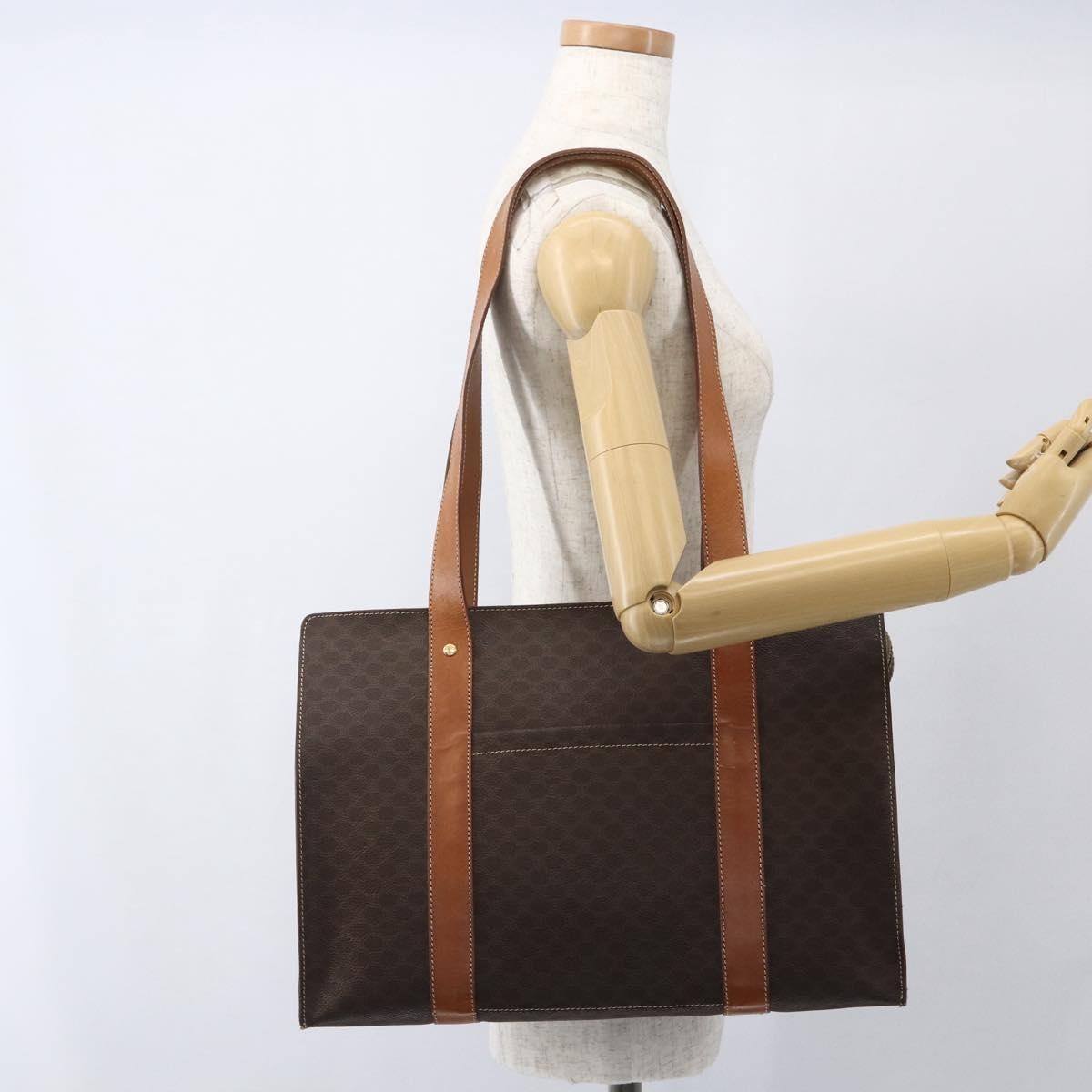 Celine Vintage Macadam Shopper Tote Canvas And Leather Brown Canvas Tote Bag Bag (Pre-Owned)