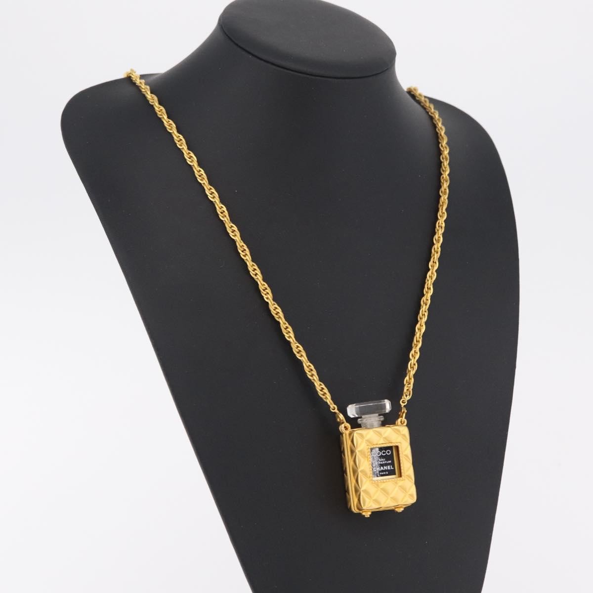 Chanel Cc Perfume Bottle Pendant Chain Long Metal With Crystals And Faux Pearls Gold Metal Necklace Jewelry (Pre-Owned)