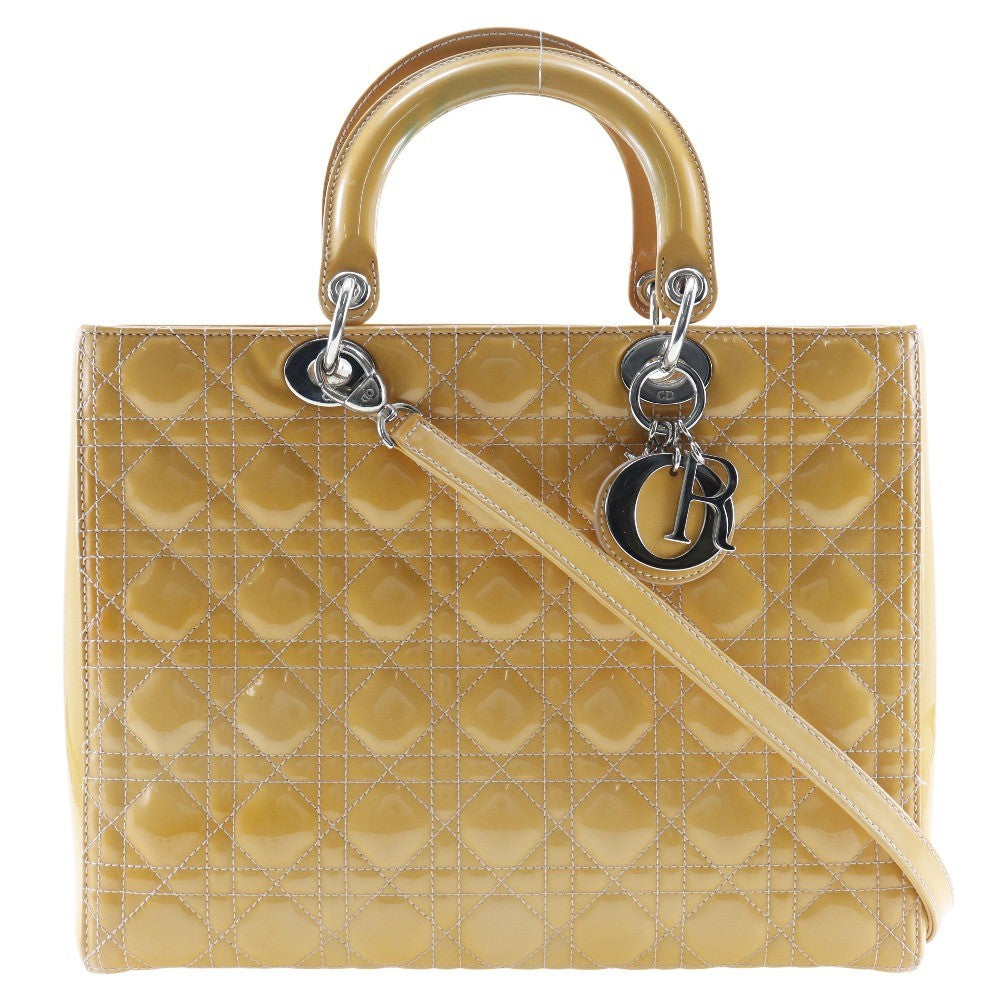 Christian Dior Lady Dior Cannage Quilt Metallic Leather Black Patent_Leather Handbag (Pre-Owned)