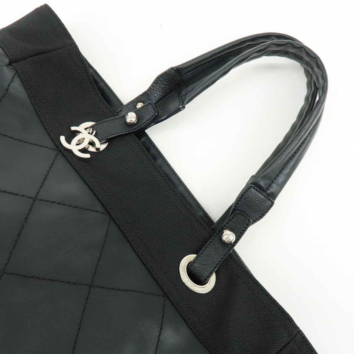 Chanel Biarritz Quilted Coated Canvas Black Leather Tote Bag Bag (Pre-Owned)