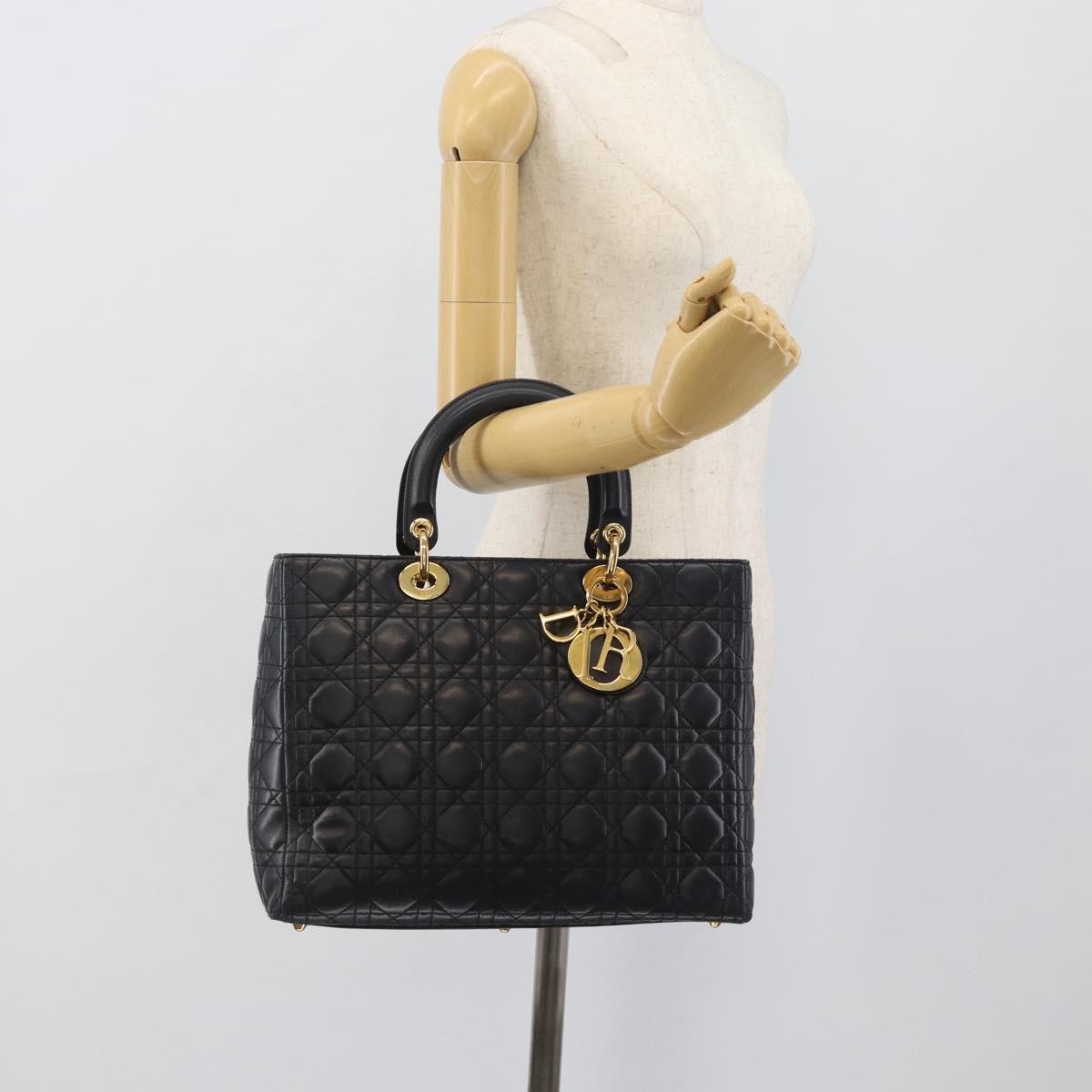 Christian Dior Lady Dior Cannage Quilt Lambskin Black Leather Handbag (Pre-Owned)