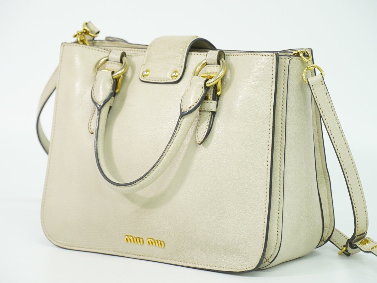 Miu Miu Madras Convertible Lock Leather Beige Leather Tote Bag Bag (Pre-Owned)