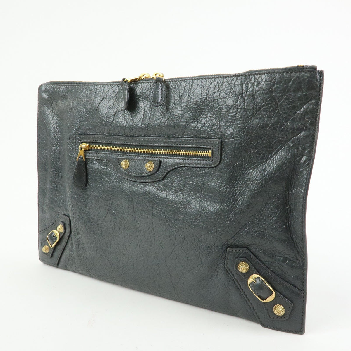 Balenciaga Zip Around Giant Studs Clutch Leather Gray Leather Clutche & Pouche Bag (Pre-Owned)