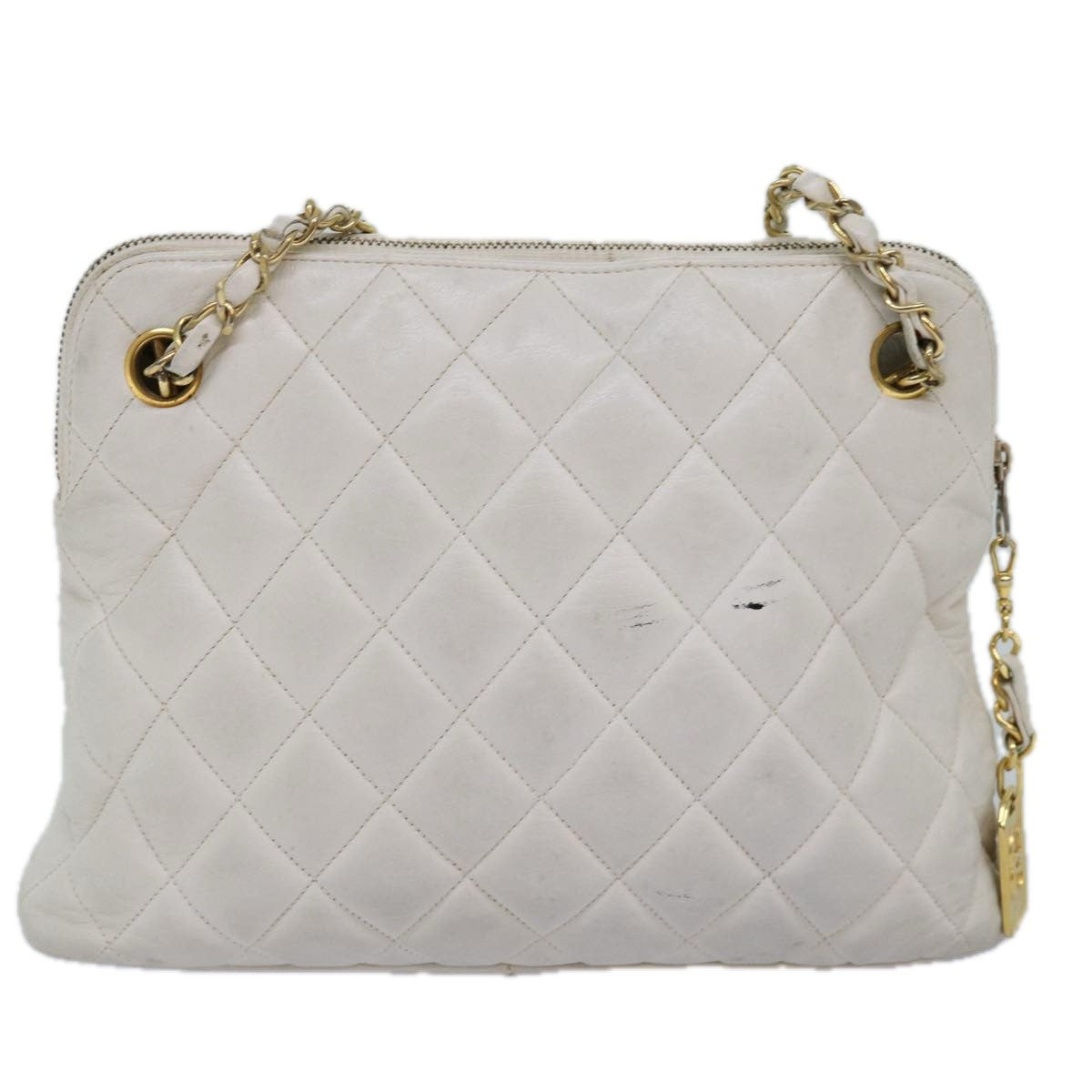Chanel Vintage Zip Chain Quilted Caviar White Leather Shoulder Bag Bag (Pre-Owned)