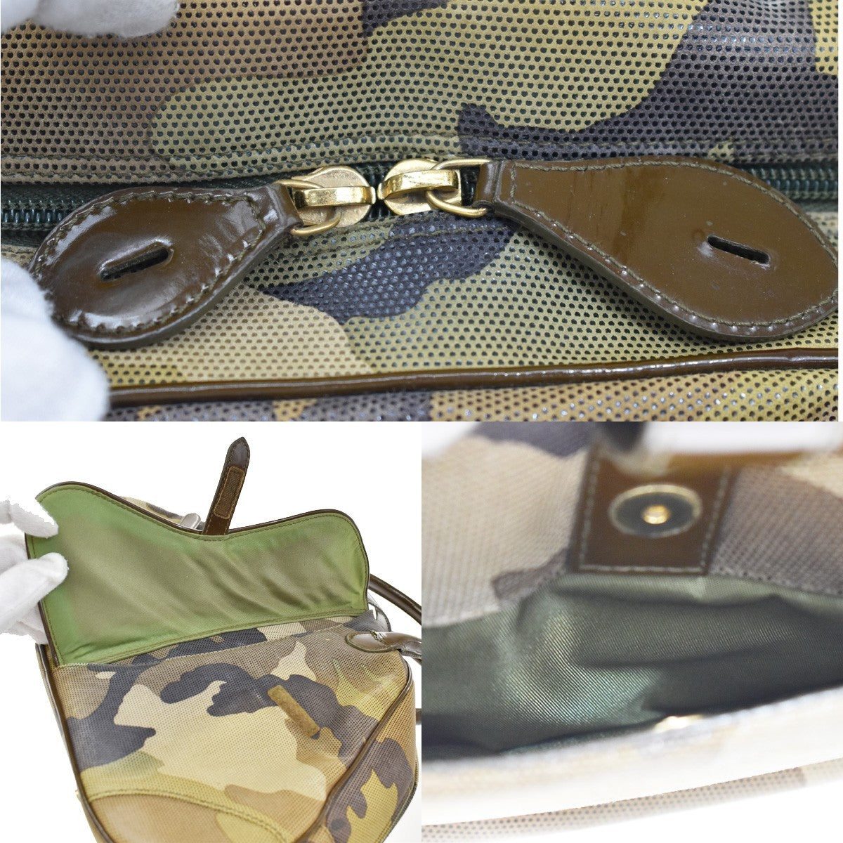Christian Dior Vintage Saddle Bowler Camouflage Printed Pixelated Leather Khaki Canvas Handbag (Pre-Owned)