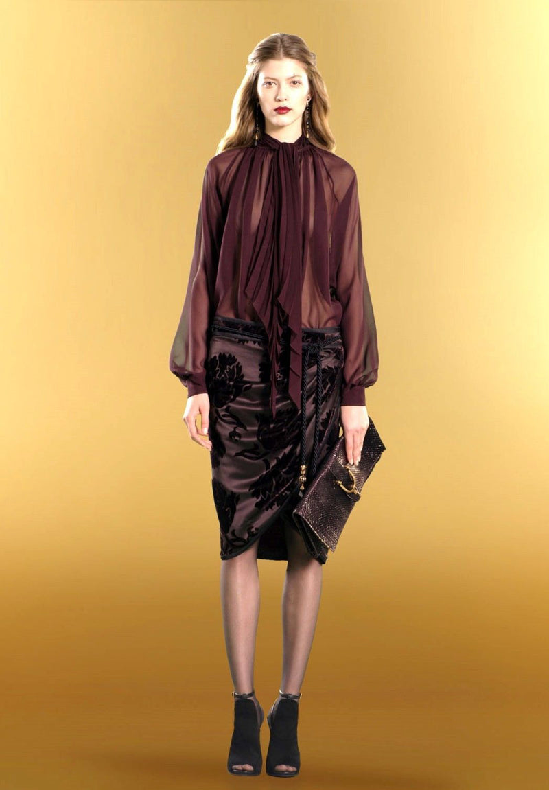 Gucci Women's Velvet Flowers Purple Silk Viscose Satin Gathered Wrap Skirt 300624