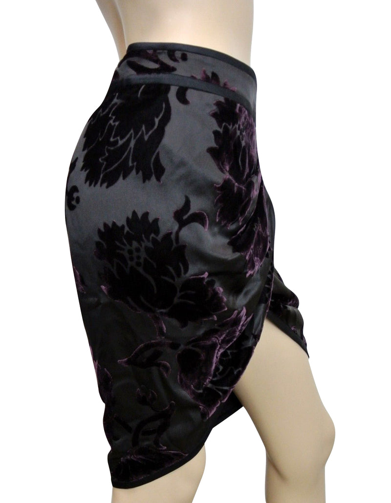 Gucci Women's Velvet Flowers Purple Silk Viscose Satin Gathered Wrap Skirt 300624