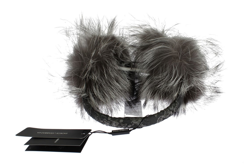 Dolce & Gabbana Gray Fox Fur Crystal Ear Women's Muffs