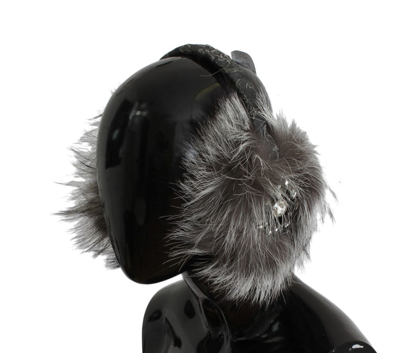 Dolce & Gabbana Gray Fox Fur Crystal Ear Women's Muffs