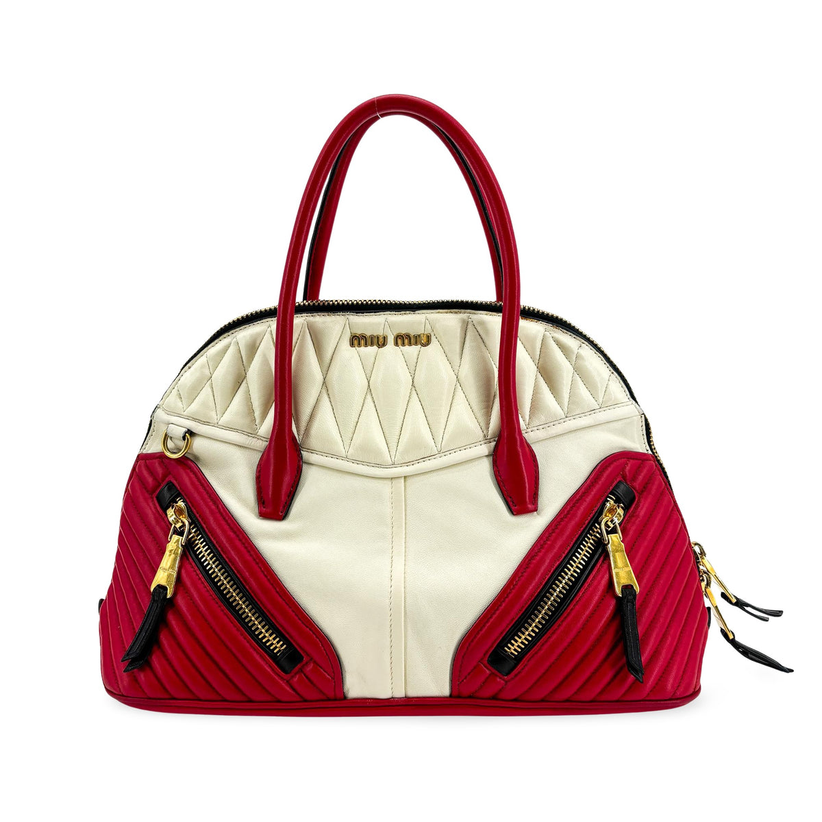Miu Miu Biker Convertible Dome Satchel Quilted Leather Red Leather Handbag (Pre-Owned)