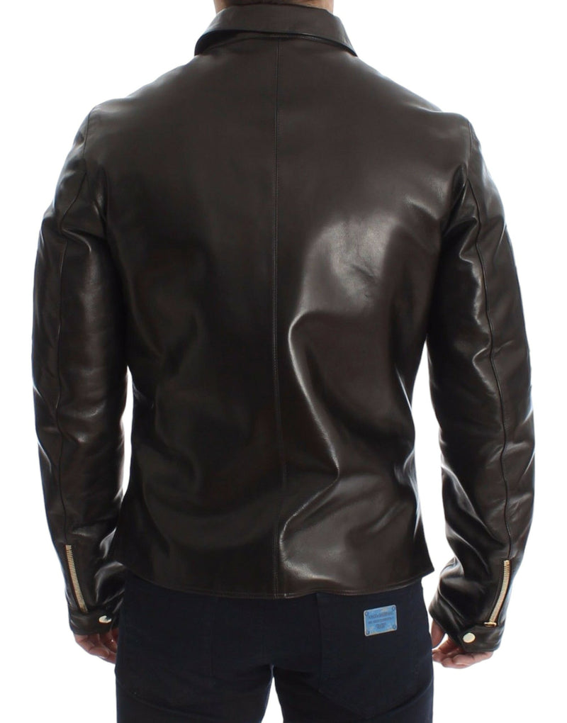 Dolce & Gabbana Brown Lambskin Leather Zipper Men's Jacket