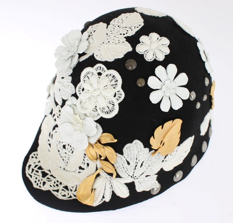 Dolce & Gabbana Black Wool White Floral Gold Leaf Women's Hat