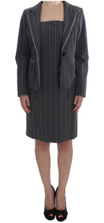 BENCIVENGA Elegant Gray Striped Dress &amp; Blazer Suit Women's Set